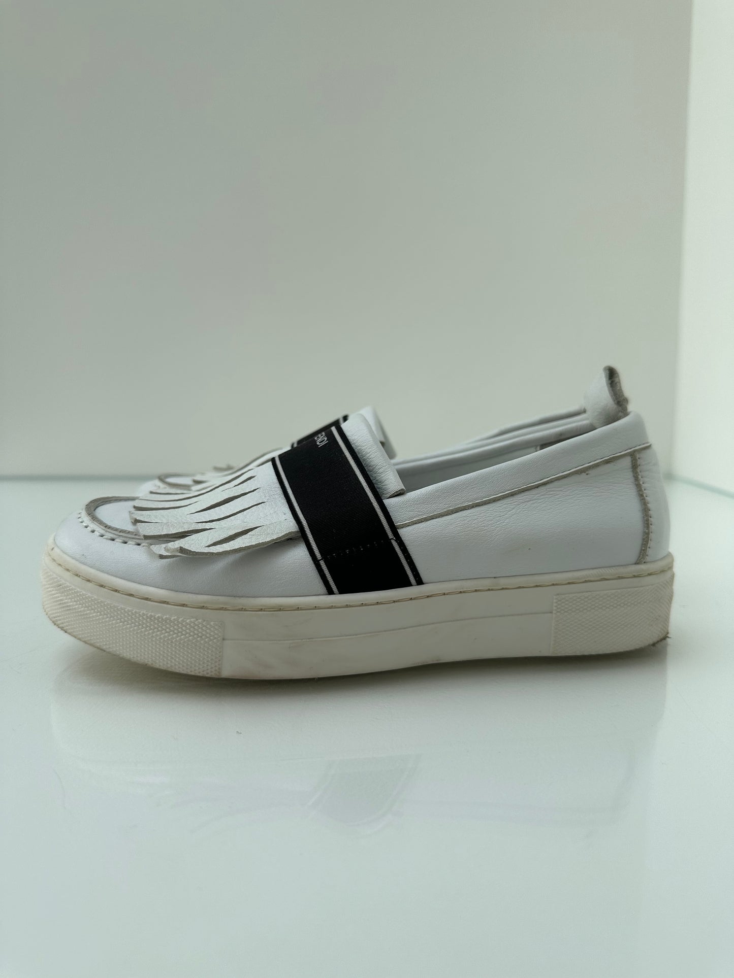 Fendi White Leather Fringe Slip On Shoes, 34