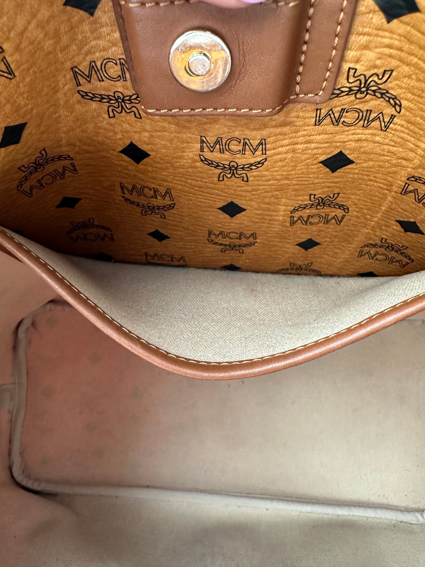 MCM Tan Logo Tote Orange Embossed Stripe