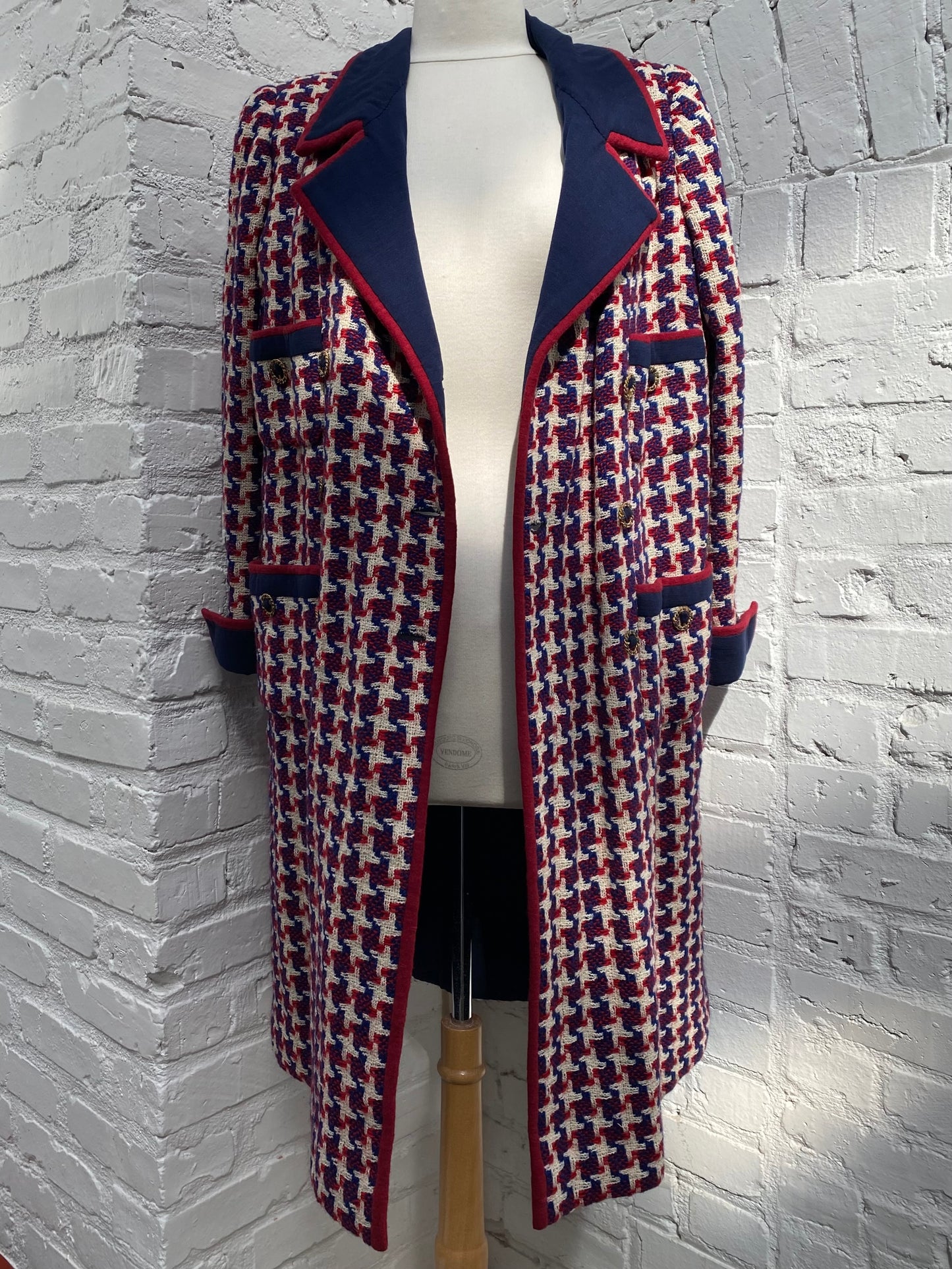 Chanel Red, Navy, & Cream Long Tweed Houndstooth Coat, EST L