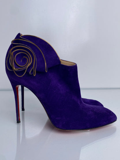 Christian Louboutin Purple Suede Flower Booties, 39