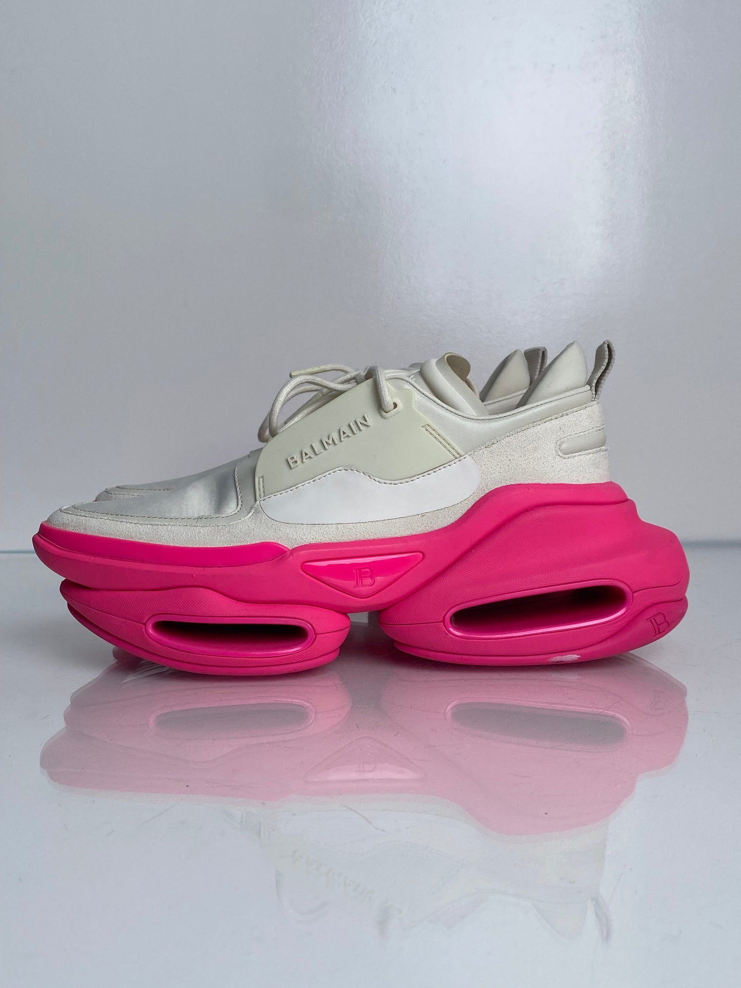 Balmain White & Neon Pink Sneakers, 9