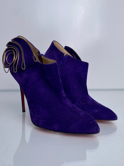 Christian Louboutin Purple Suede Flower Booties, 39