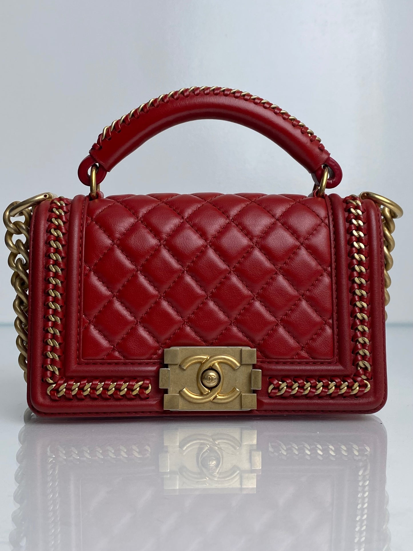 Chanel Red Small Boy Bag With Top Handle Lambskin GHW