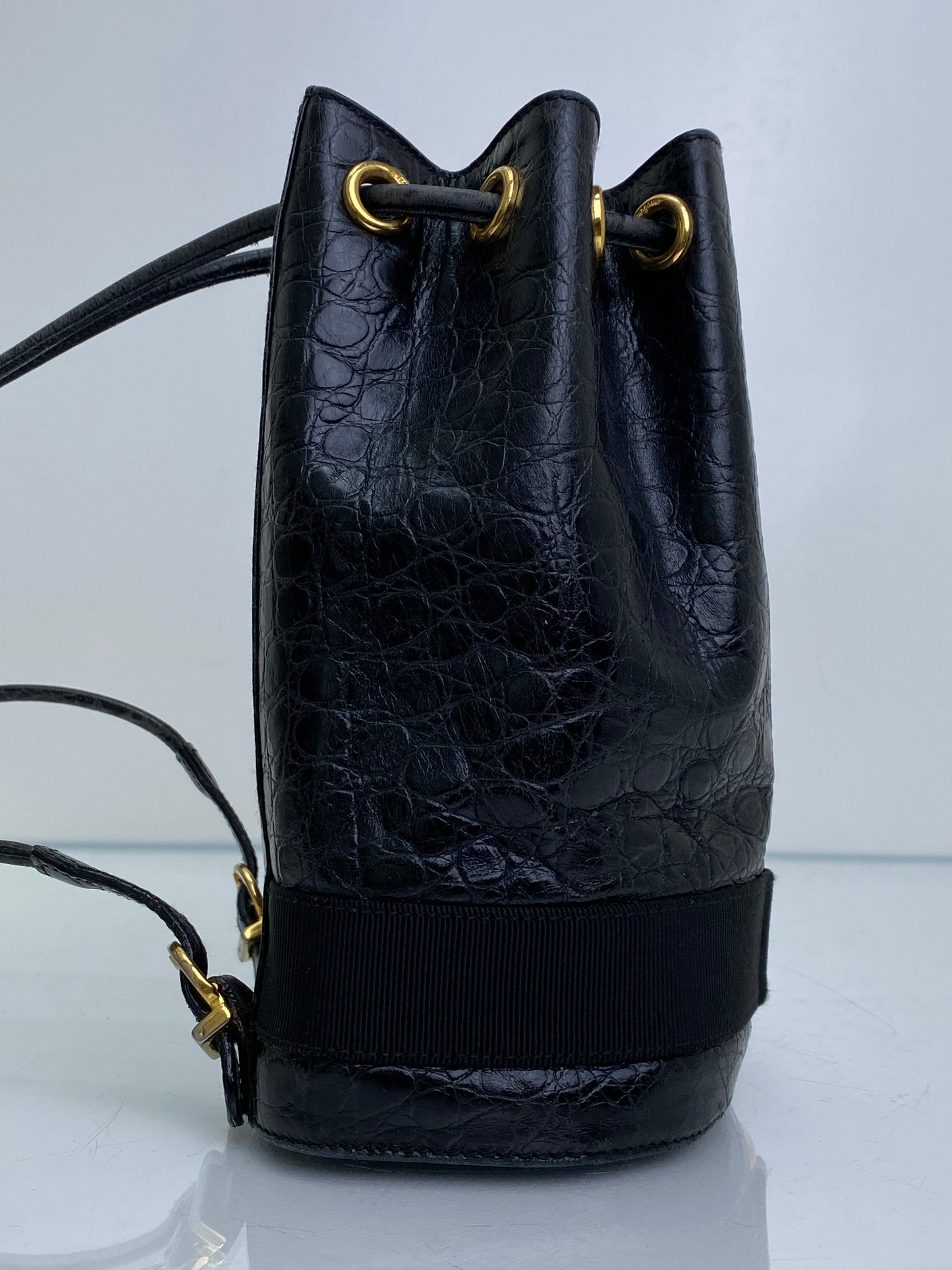 Salvatore Ferragamo Vintage Black Croc Embossed Backpack GHW