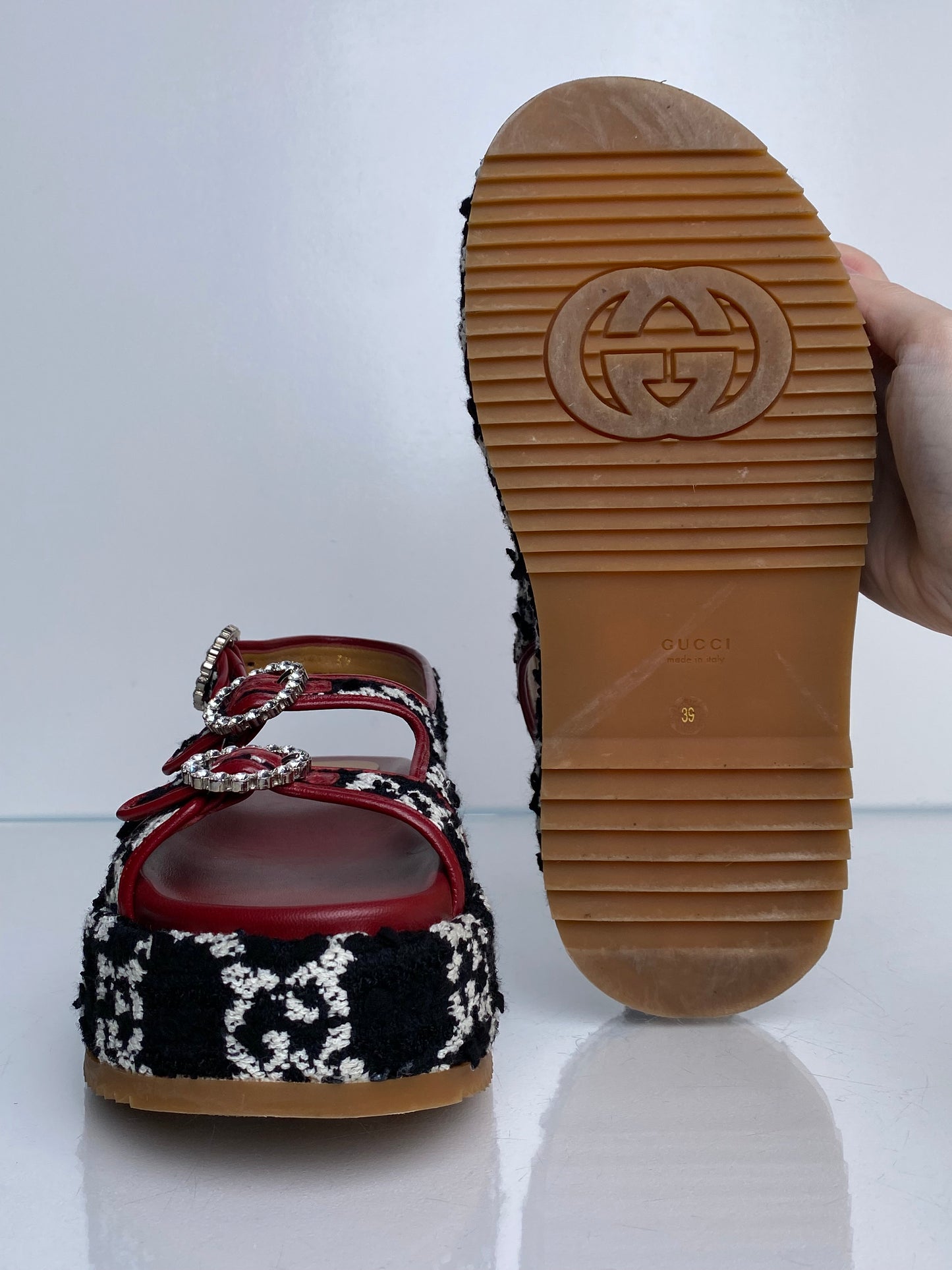 Gucci Red, Black, & White Tweed GG Platform Dad Sandals, 39