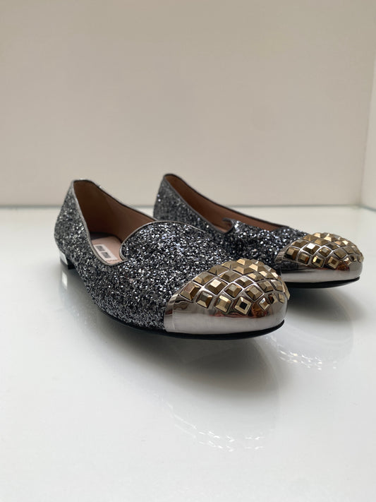 Miu Miu Silver Glitter & Gold Toe Flats, 38