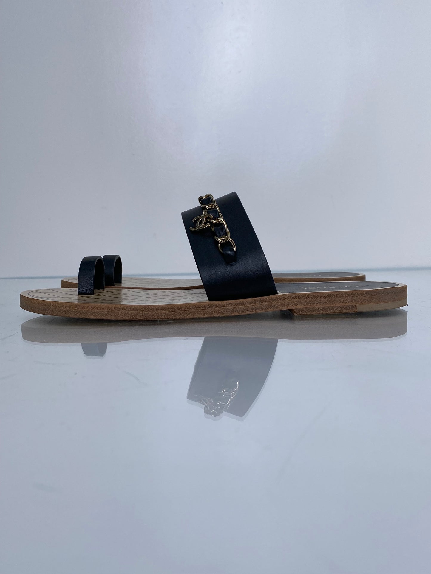 Chanel Black Interlocking CC Chain Sandals, 39.5