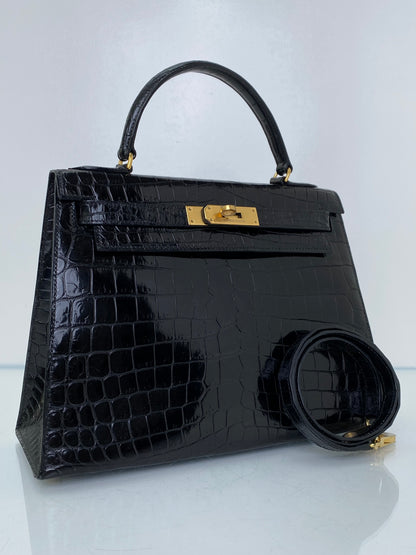 Hermes Vintage Kelly 28 Sellier Noir Alligator GHW #M