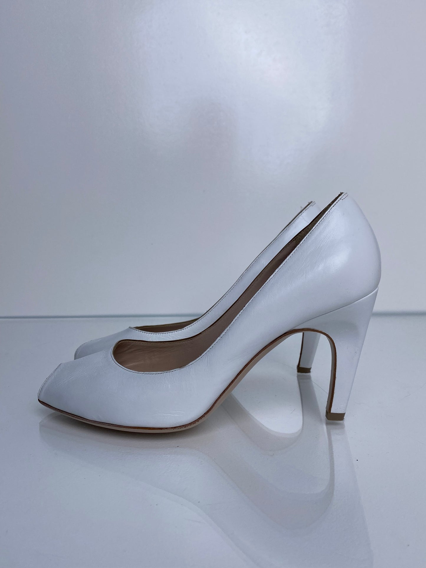 Salvatore Ferragamo White Leather Peep Toe Heels, 7.5