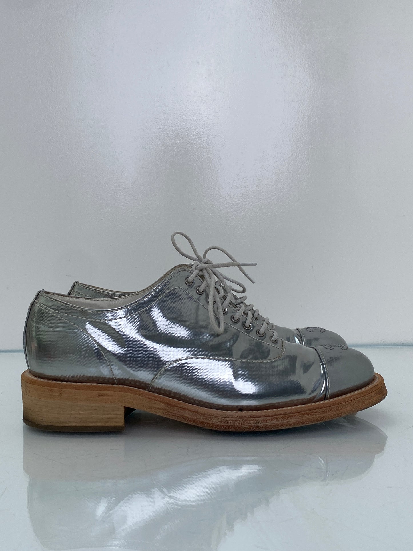 Chanel Silver CC Lace Up Oxfords, 40.5