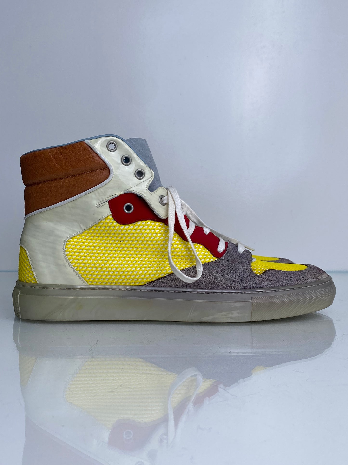 Balenciaga Men’s Yellow, Red, Brown, & White Color Block High Top Sneakers, 43