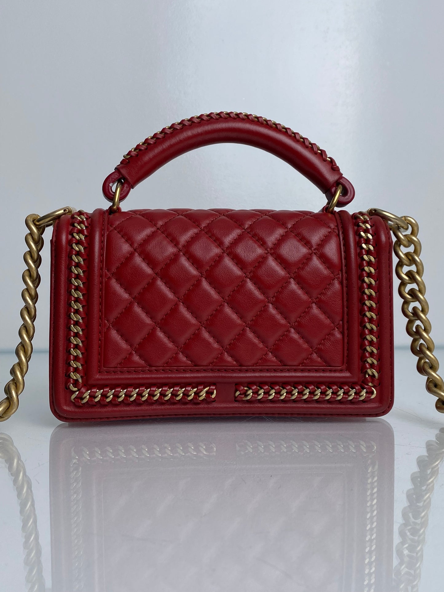 Chanel Red Small Boy Bag With Top Handle Lambskin GHW