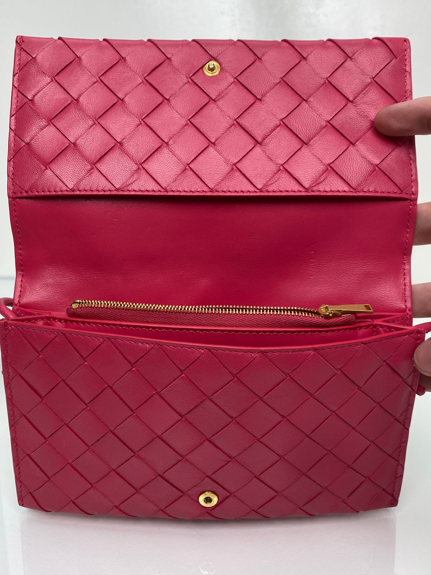 Bottega Veneta Pink Intrecciato Wallet On Strap Bag