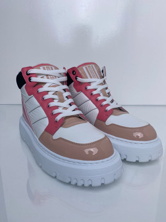 Dior White, Pink, & Tan Patent D Player High Top Sneakers, 38.5