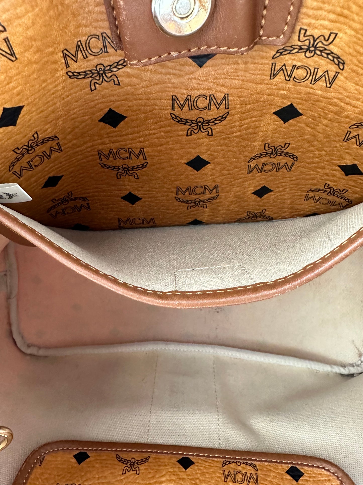 MCM Tan Logo Tote Orange Embossed Stripe