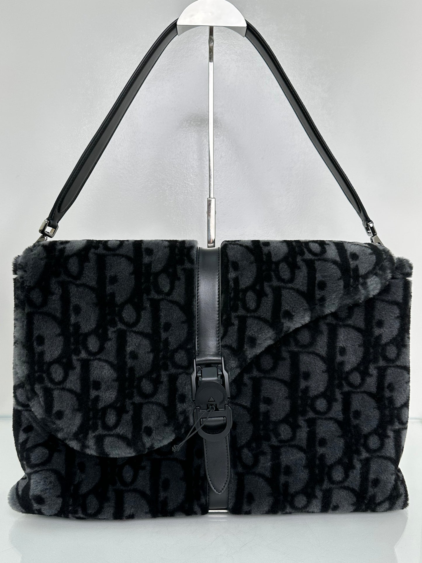 Dior Black & Dark Grey Oblique  Shearling Saddle Briefcase Bag BHW