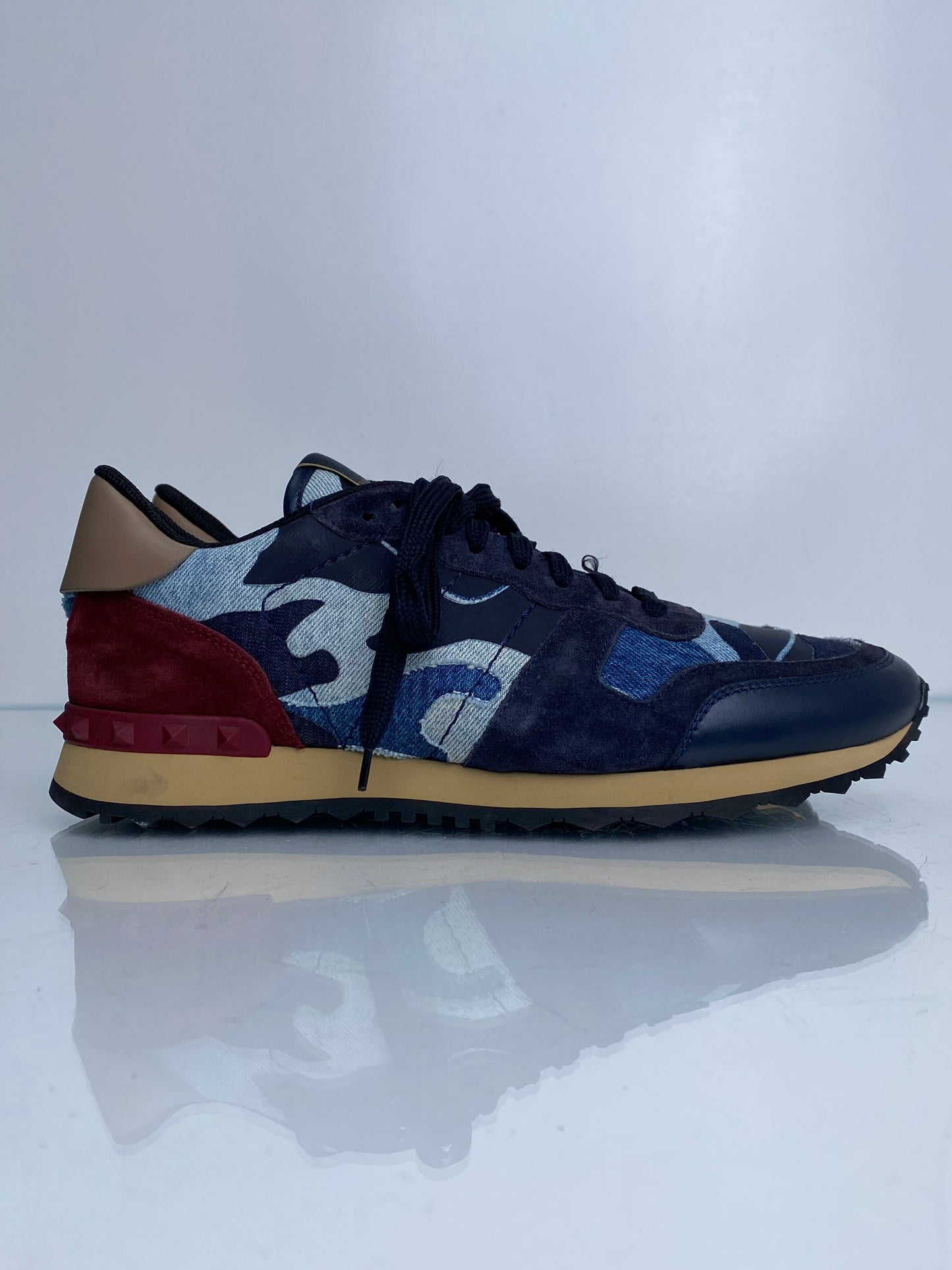 Valentino Men’s Denim & Burgundy Suede Rockstud Sneakers, 43
