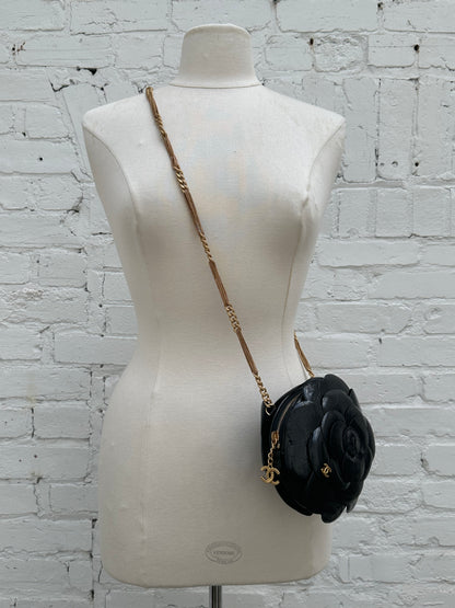 Chanel Black Camellia CC Round Clutch GHW