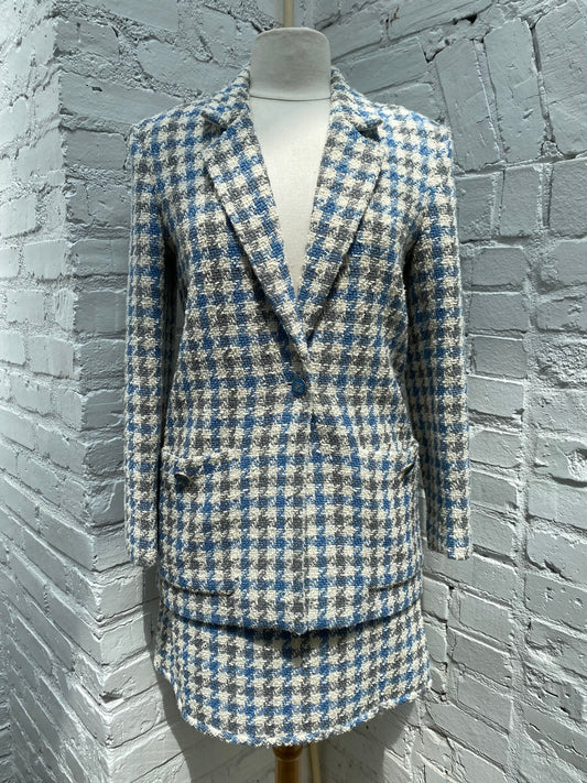 Sandro Cream, Blue & Gray Houndstooth Tweed Blazer & Skirt Set, 36
