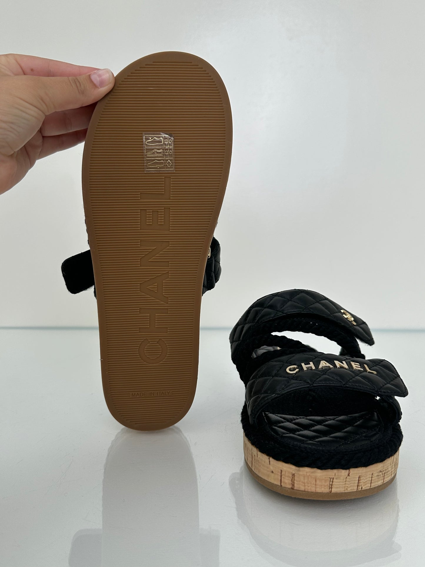 Chanel Black Quilted & Rope “Chanel” Logo Sandals, 39