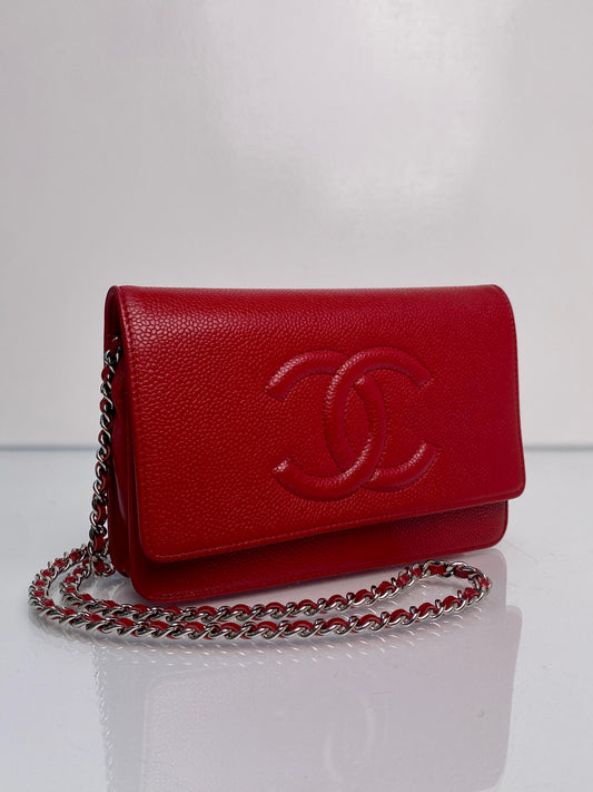 Chanel Red Caviar Leather Timeless CC Wallet on Chain SHW