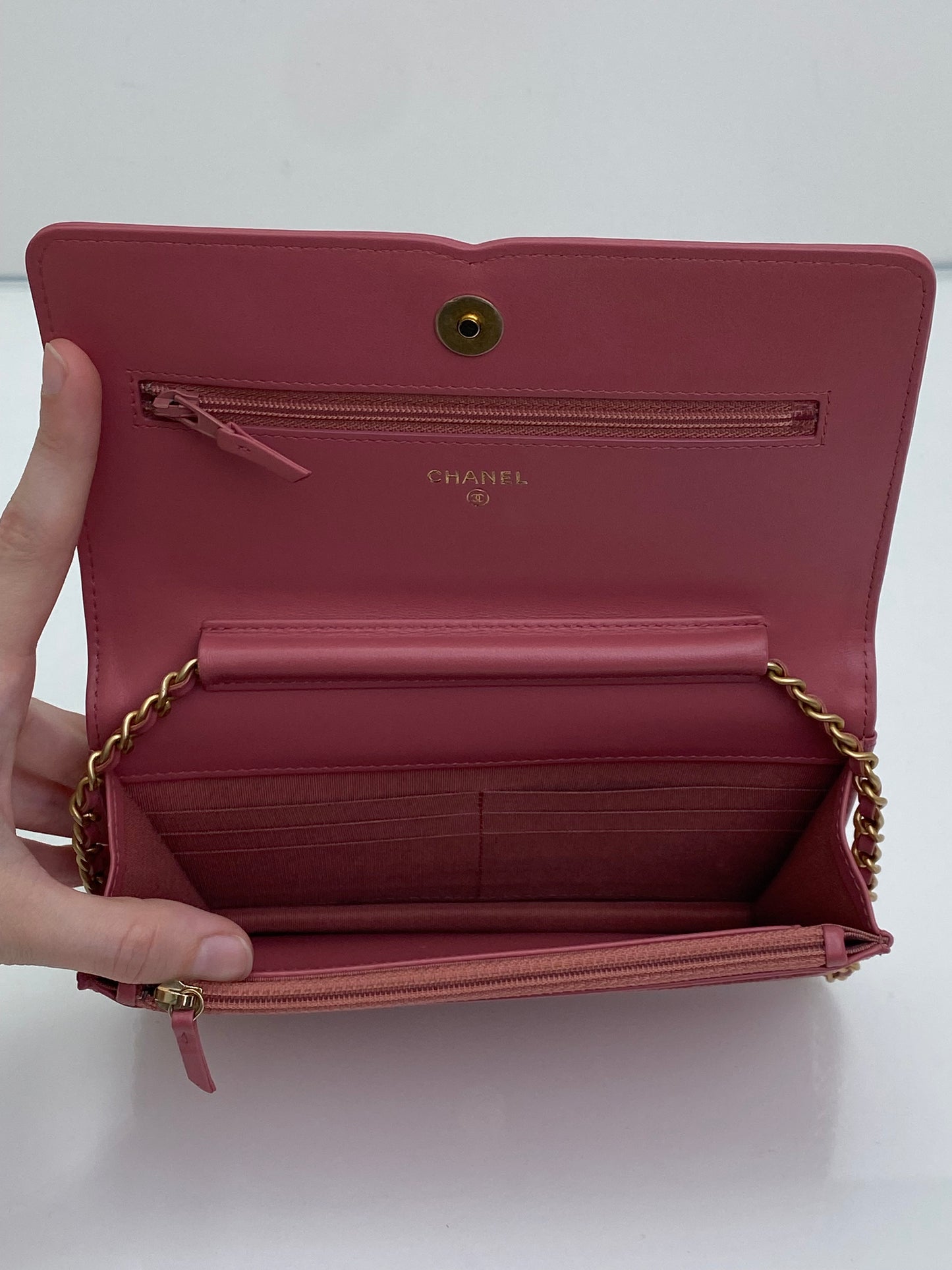 Chanel Light Pink Filigree Caviar Wallet On Chain GHW