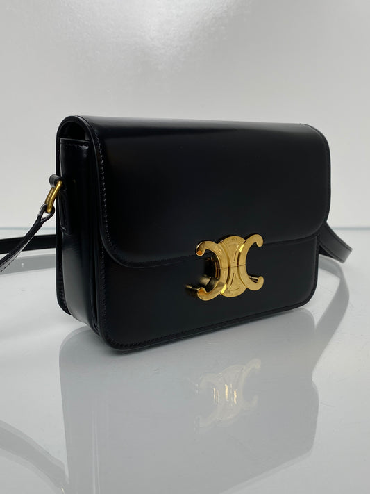 Celine Black Shiny Calfskin Teen Triomphe Bag GHW