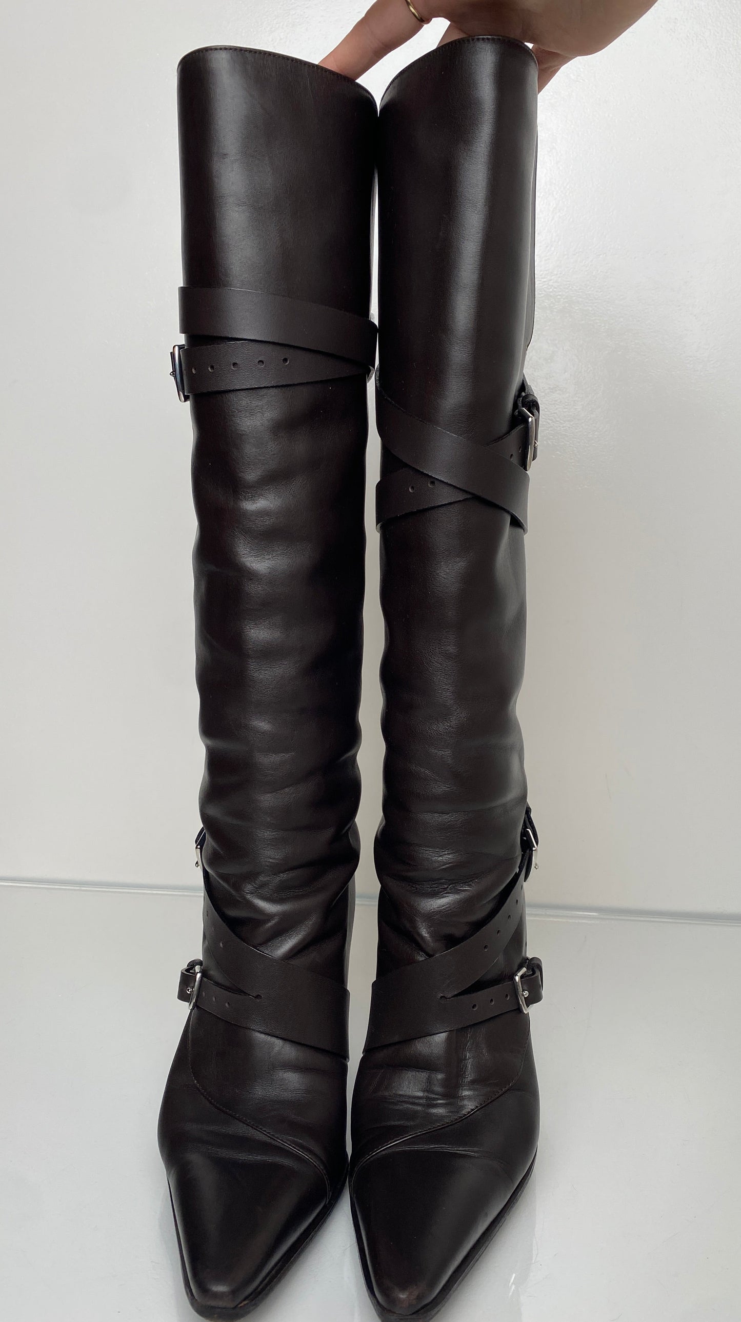 Hermes Brown Leather Buckle Heeled Boots, 36