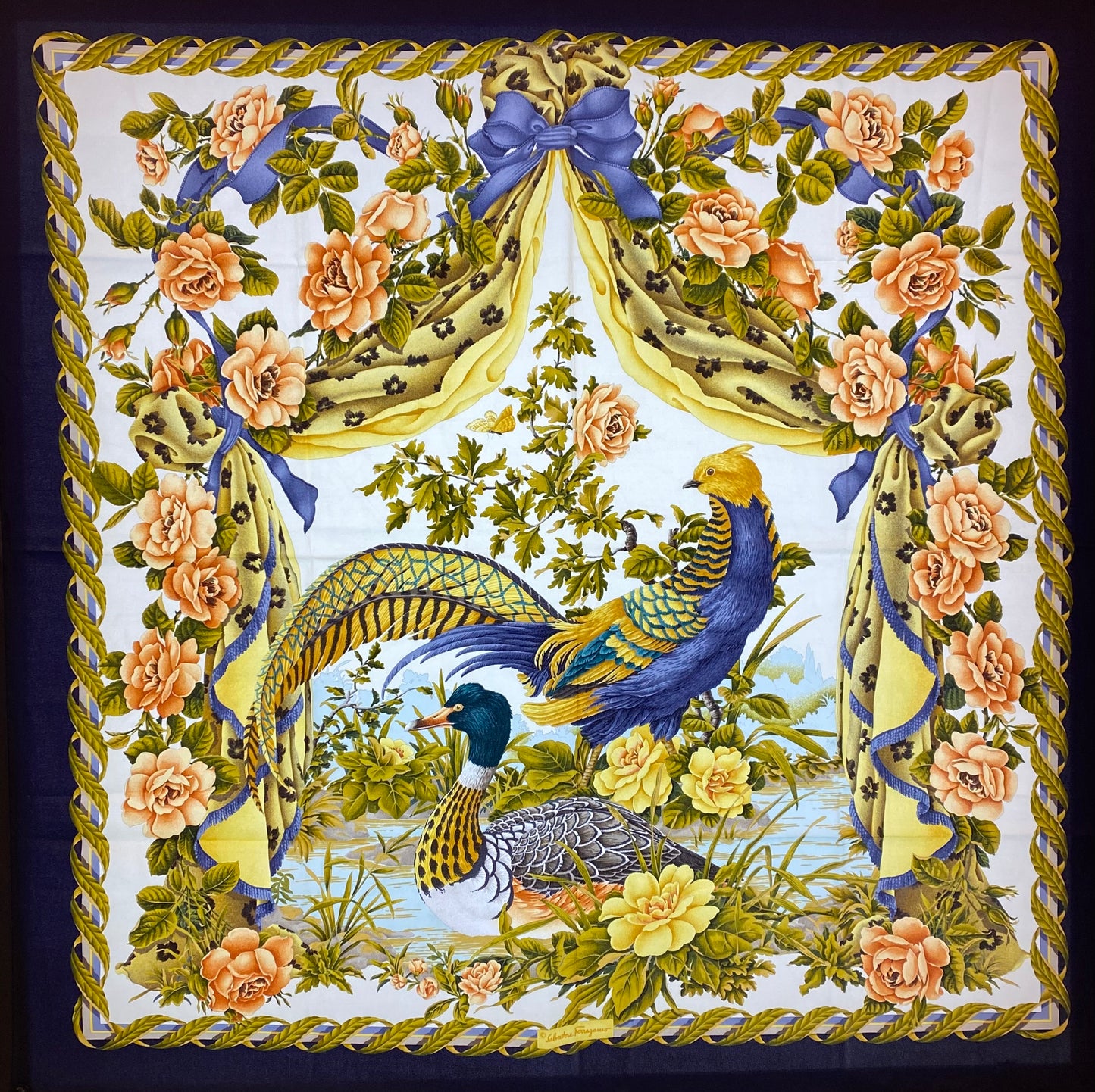 Ferragamo Blue, Gold, & Multicolor Birds Silk Scarf