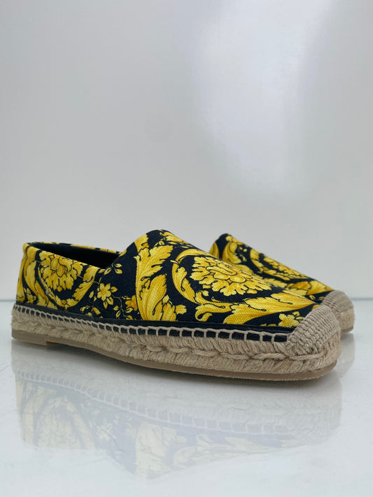 Versace Gold & Black Patterned Canvas Espadrille Flats, 39