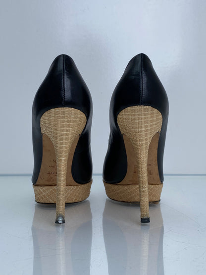 Christian Dior Black Leather Raffia Pumps, 38.5