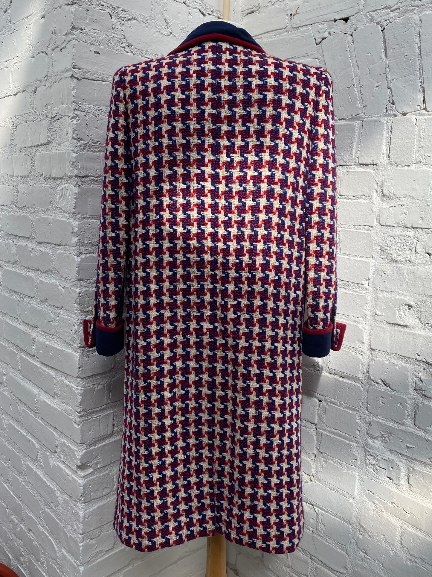 Chanel Red, Navy, & Cream Long Tweed Houndstooth Coat, EST L