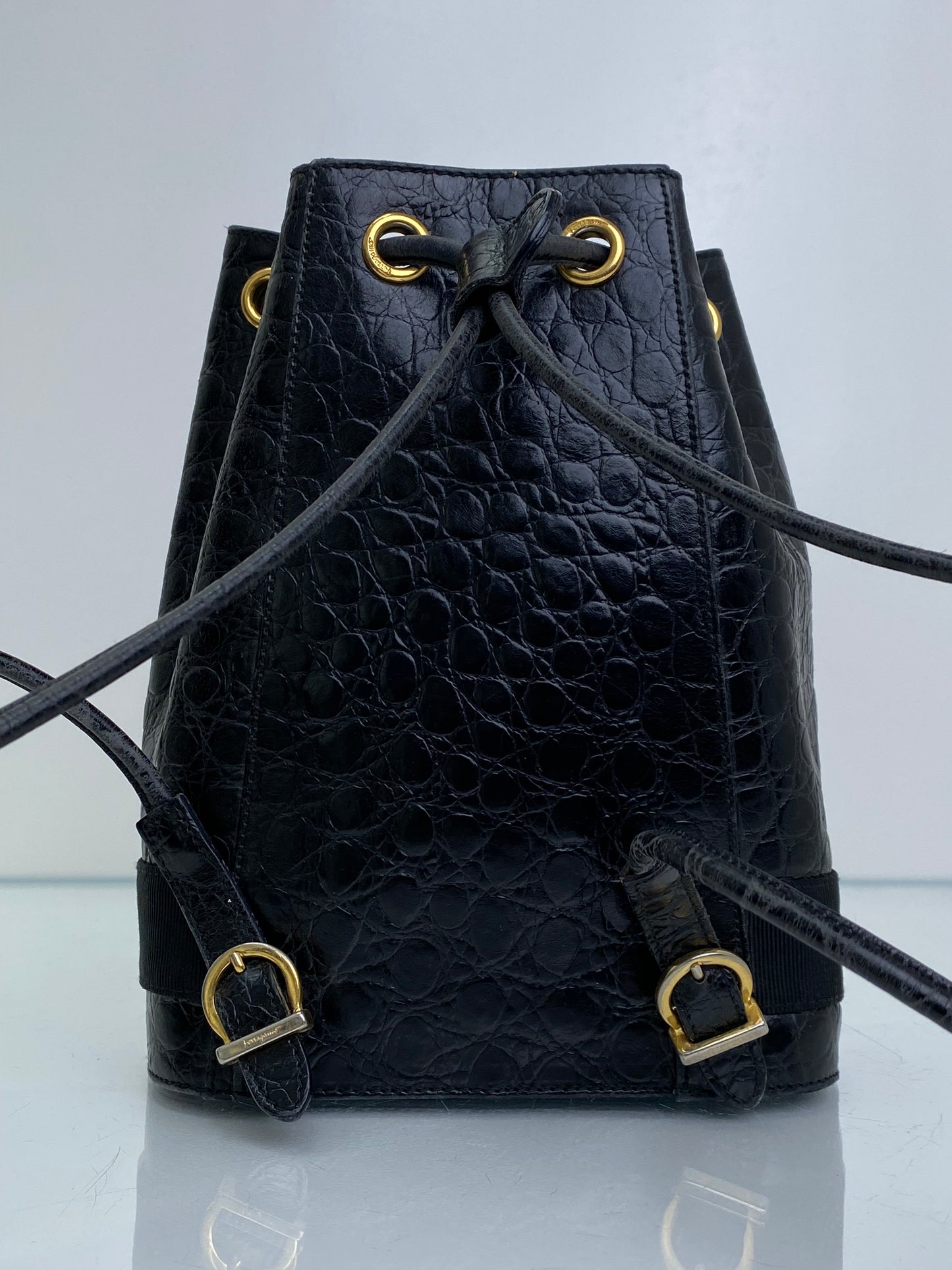 Salvatore Ferragamo Vintage Black Croc Embossed Backpack GHW