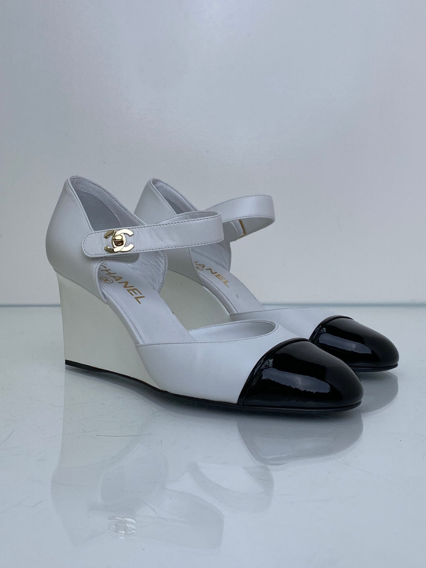 Chanel Black & White Mary Jane CC Wedges, 39.5 (Copy)