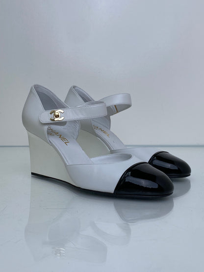 Chanel Black & White Mary Jane CC Wedges, 39.5 (Copy)