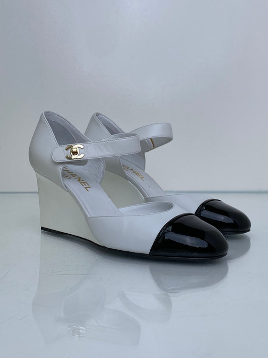 Chanel Black & White Mary Jane CC Wedges, 39.5 (Copy)
