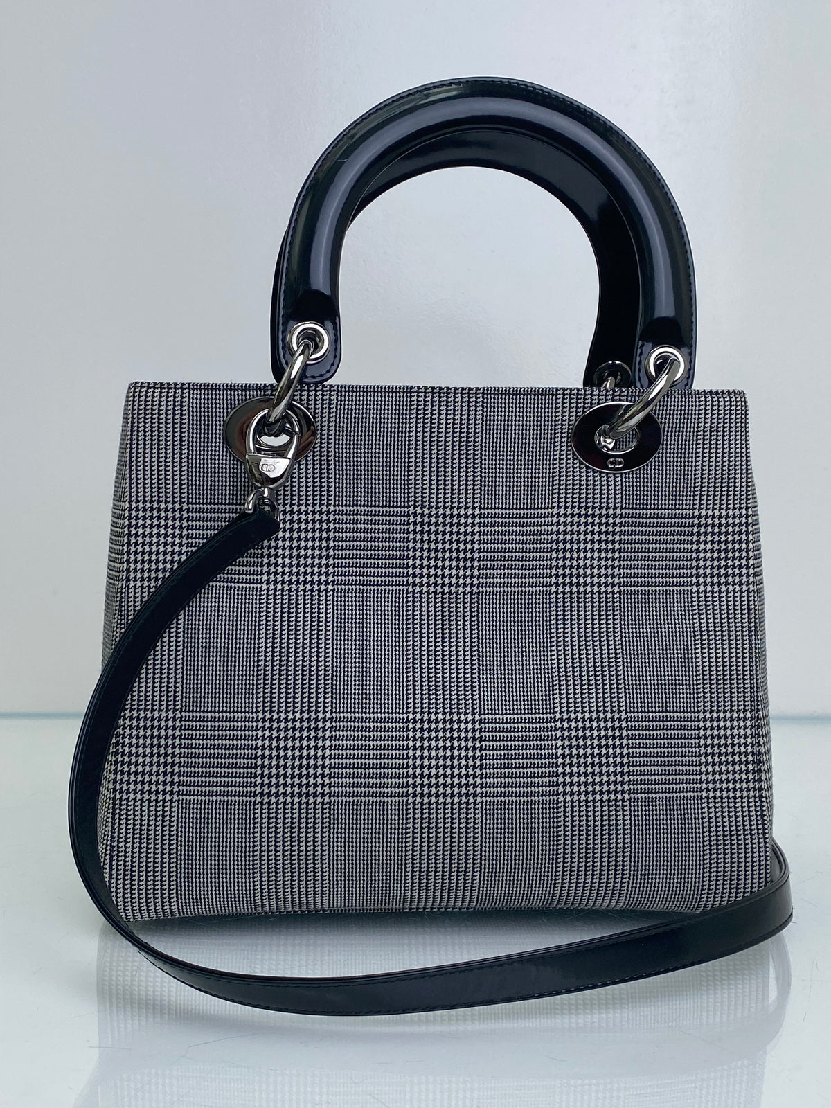Christian Dior Grey Houndstooth & Black Patent Lady Dior Bag SHW