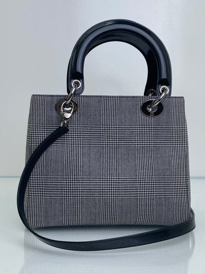 Christian Dior Grey Houndstooth & Black Patent Lady Dior Bag SHW