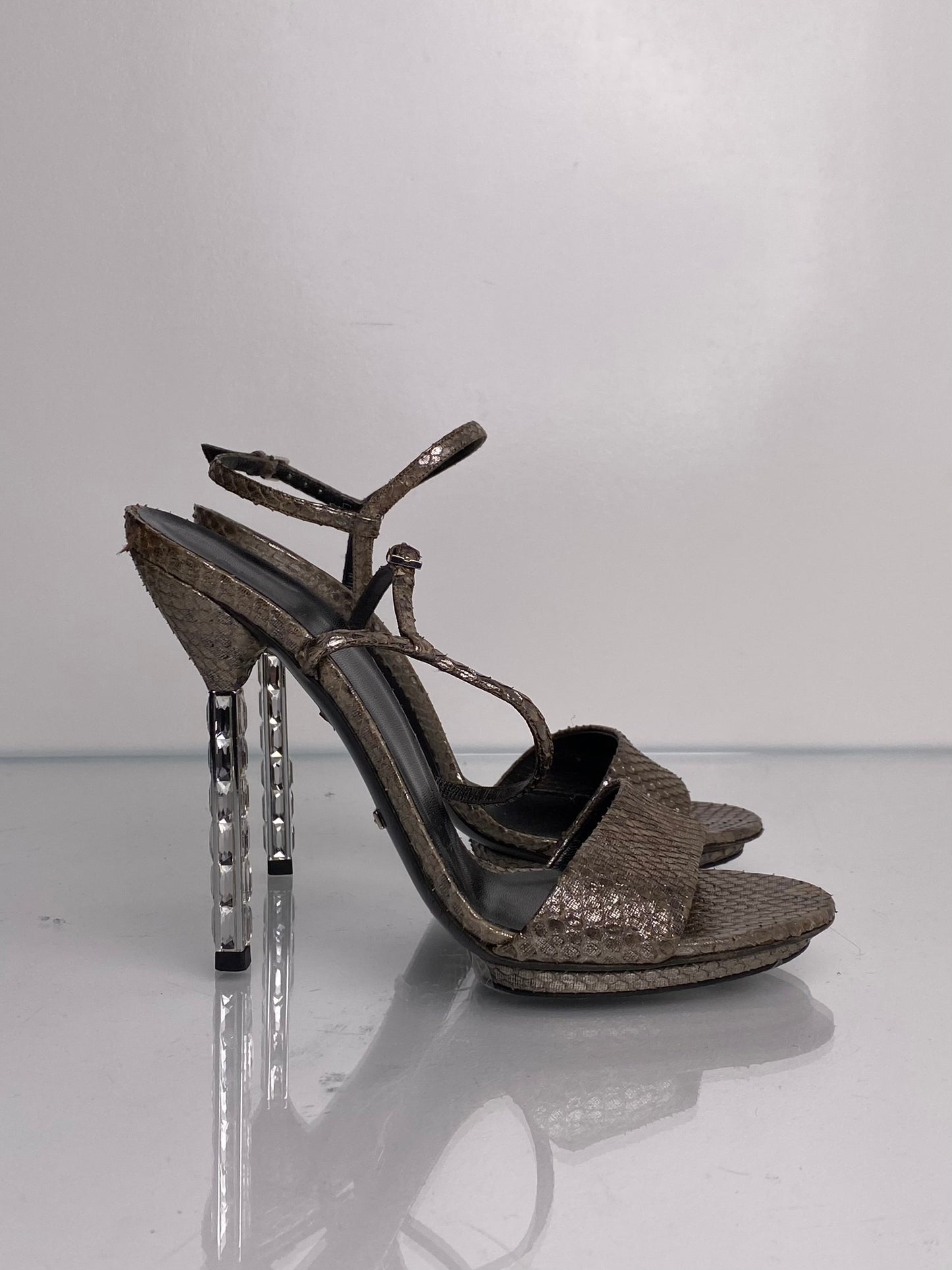 Gucci Silver Metallic Python & Crystal Heels, 38.5