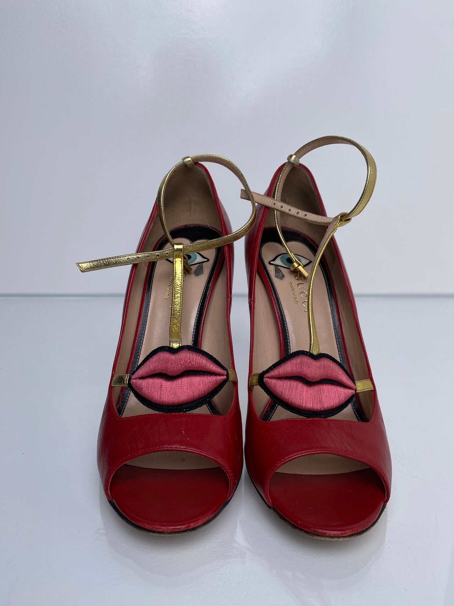 Gucci Red T-Strap Lips Heels, 38.5