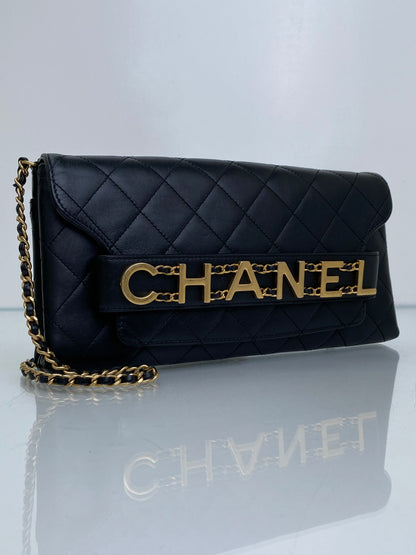 Chanel Black Logo Enchained Flap Quilted Calfskin Clutch GHW