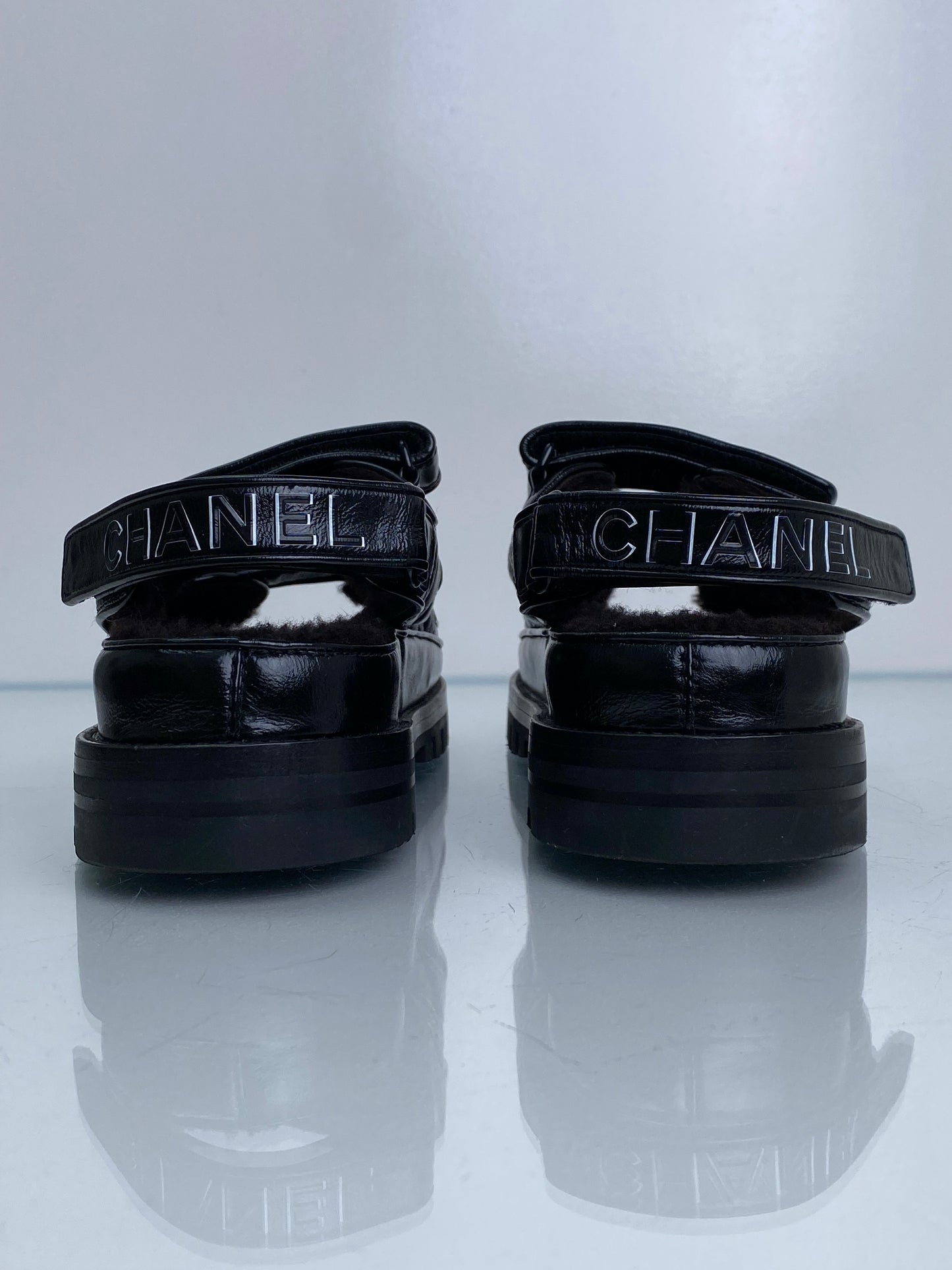Chanel Black Patent Leather & Shearling CC Dad Sandals, 40