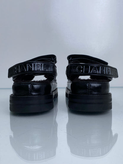 Chanel Black Patent Leather & Shearling CC Dad Sandals, 40