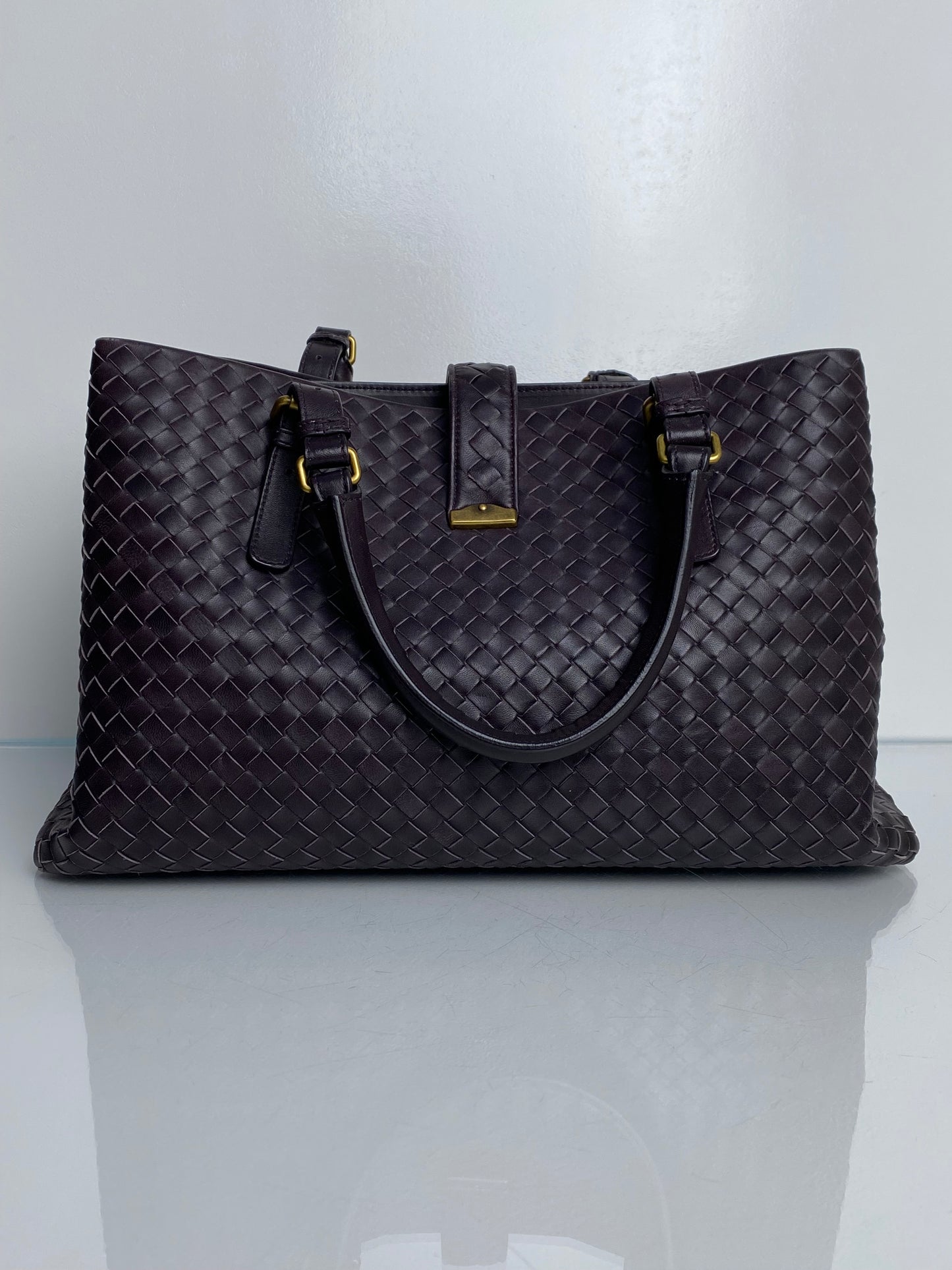 Bottega Veneta Dark Eggplant/Brown Intrecciato Roma Tote Bag GHW