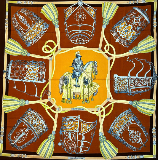 Hermes Brown & Orange Knight Silk Scarf