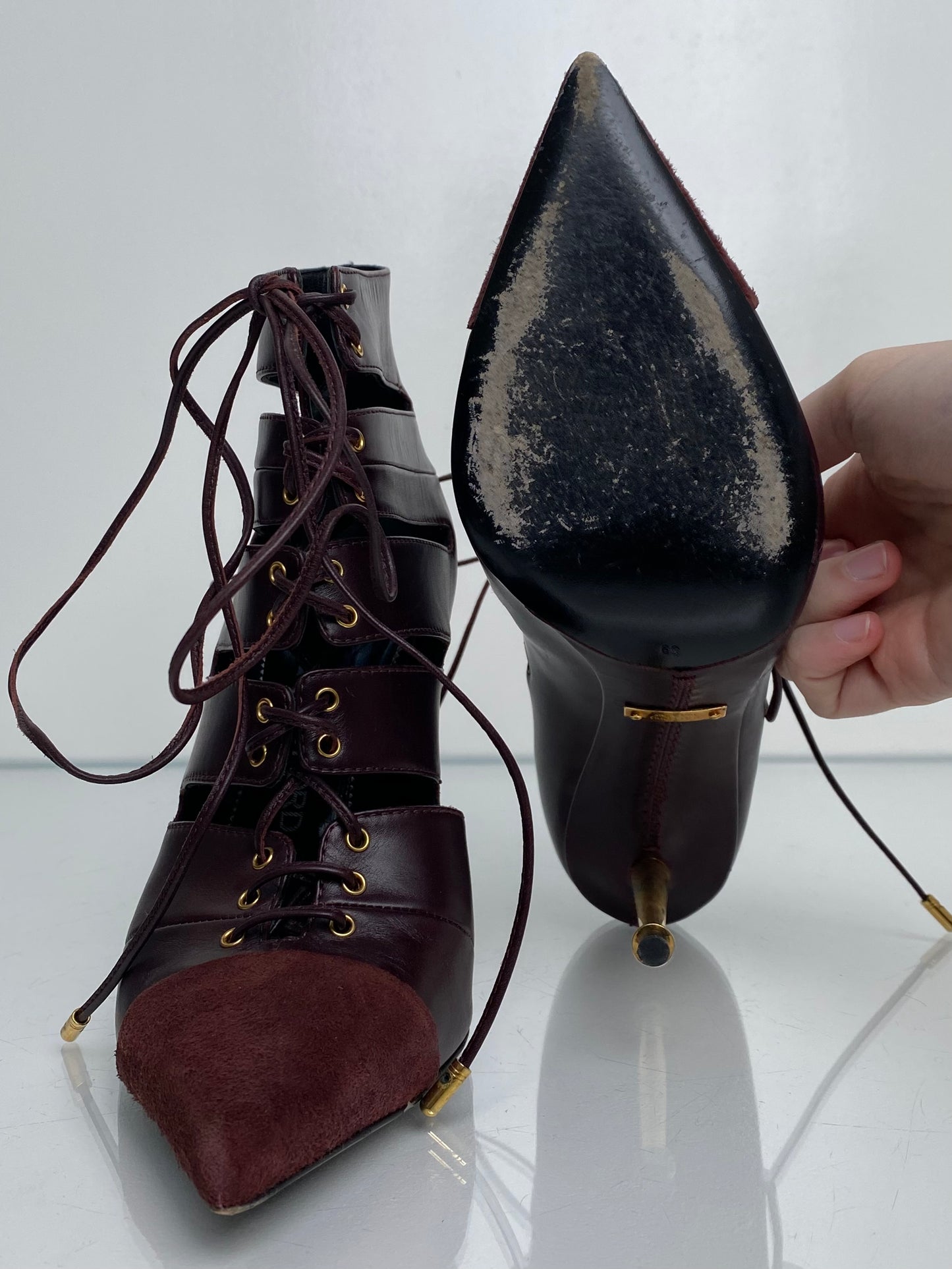 Tom Ford Burgundy & Gold Cut Out Lace Up Booties, 39