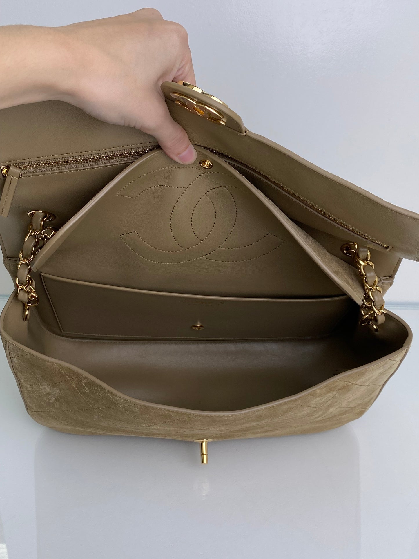 Chanel Tan Quilted Suede Jumbo Classic Flap Bag GHW