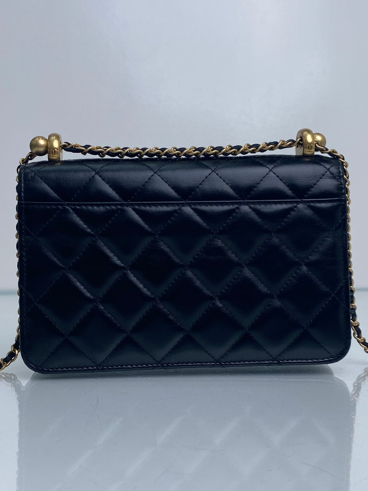 Chanel Black Shiny Calfskin Quilted Timeless Wallet On Chain Bag GHW