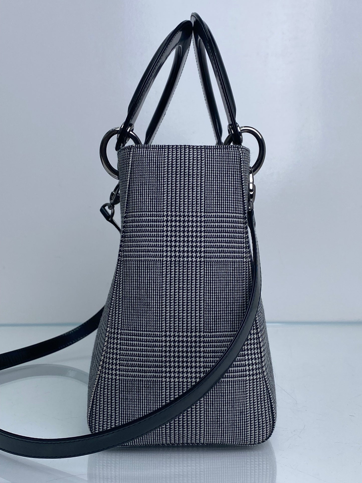 Christian Dior Grey Houndstooth & Black Patent Lady Dior Bag SHW