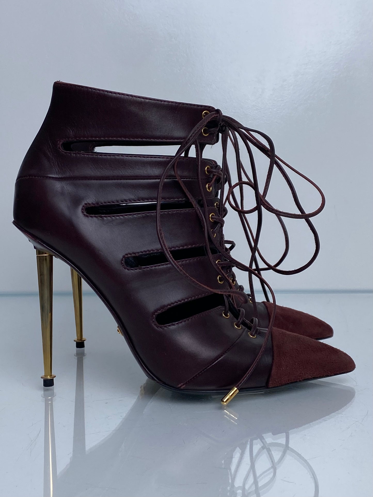 Tom Ford Burgundy & Gold Cut Out Lace Up Booties, 39